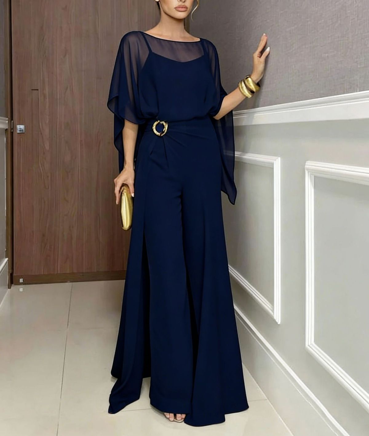 Women's Elegant Two Piece Set European American Style Loose Fitting Irregular Chiffon Robe With Suspender Jumpsuit For Commuter Friendly Fashion_ecoleips.com