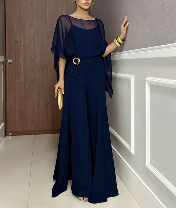 Women's Elegant Two Piece Set European American Style Loose Fitting Irregular Chiffon Robe With Suspender Jumpsuit For Commuter Friendly Fashion_ecoleips.com
