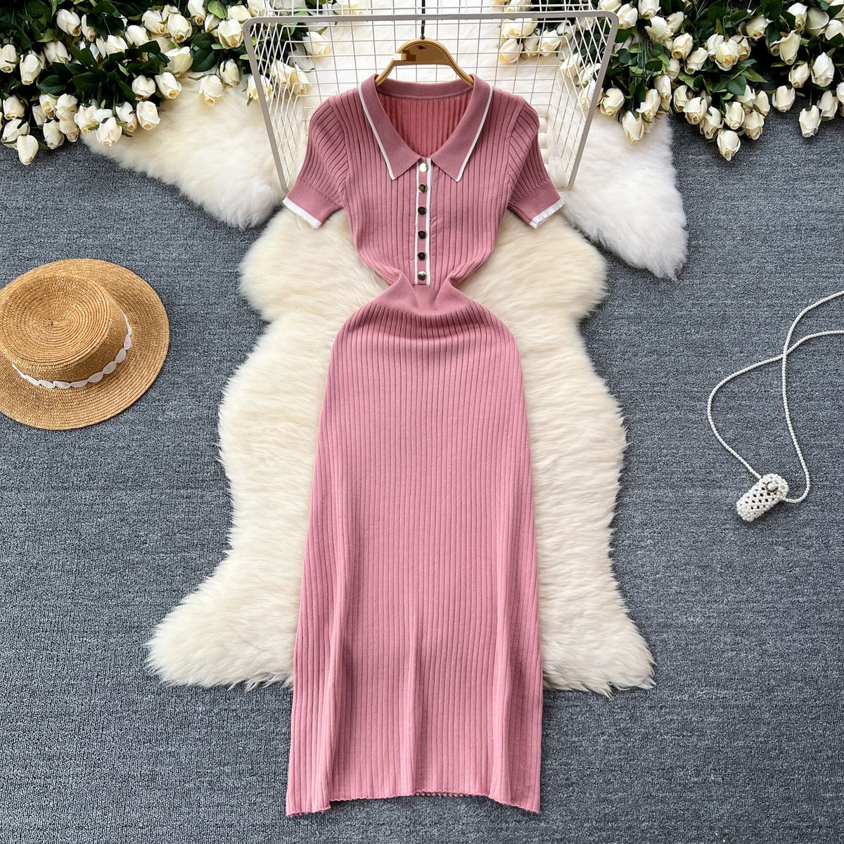 Women's Clothing Sexy dress for women new design color matching short sleeves Polo collar slim fit knitted hip skirt_ecoleips.com