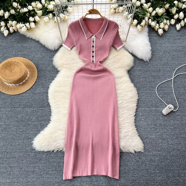 Women's Clothing Sexy dress for women new design color matching short sleeves Polo collar slim fit knitted hip skirt_ecoleips.com