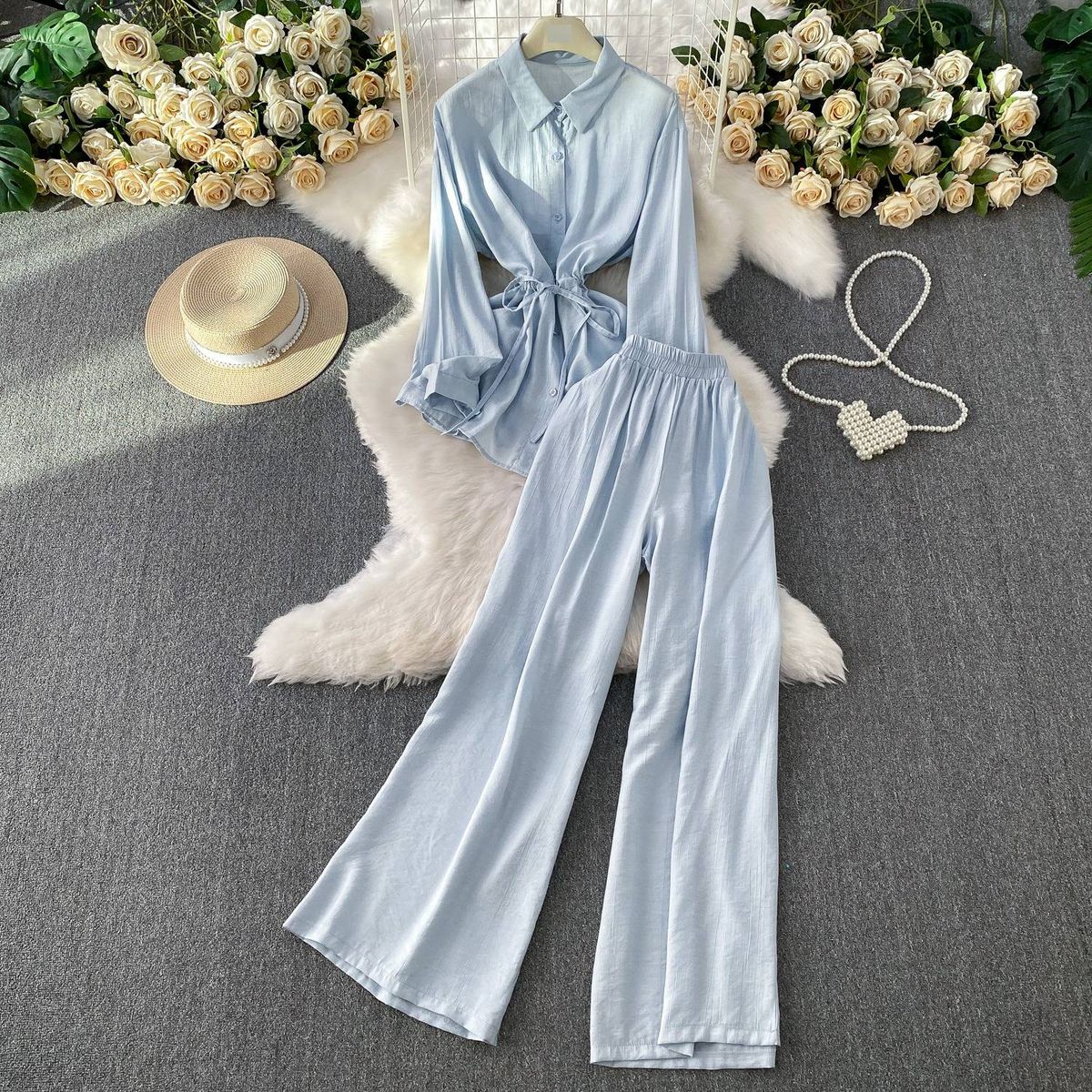 Sun Protection Two-Piece Set – Oversized Button-Down Shirt With Drawstring Waist & High-Waisted Wide-Leg Pants_ecoleips.com