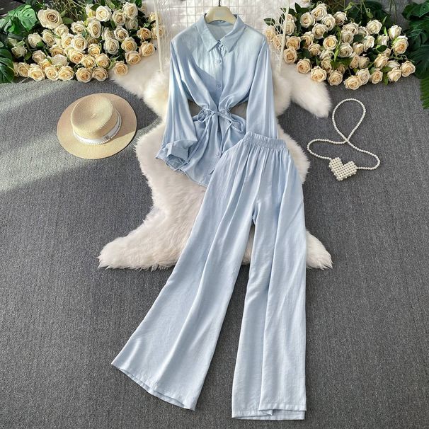 Sun Protection Two-Piece Set – Oversized Button-Down Shirt With Drawstring Waist & High-Waisted Wide-Leg Pants_ecoleips.com