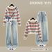 Trendy Striped Hoodie & High-Waist Straight-Leg Jeans Set - Casual Cotton Outfit For Women, Retro Streetwear, Comfortable Daily Wear_ecoleips.com
