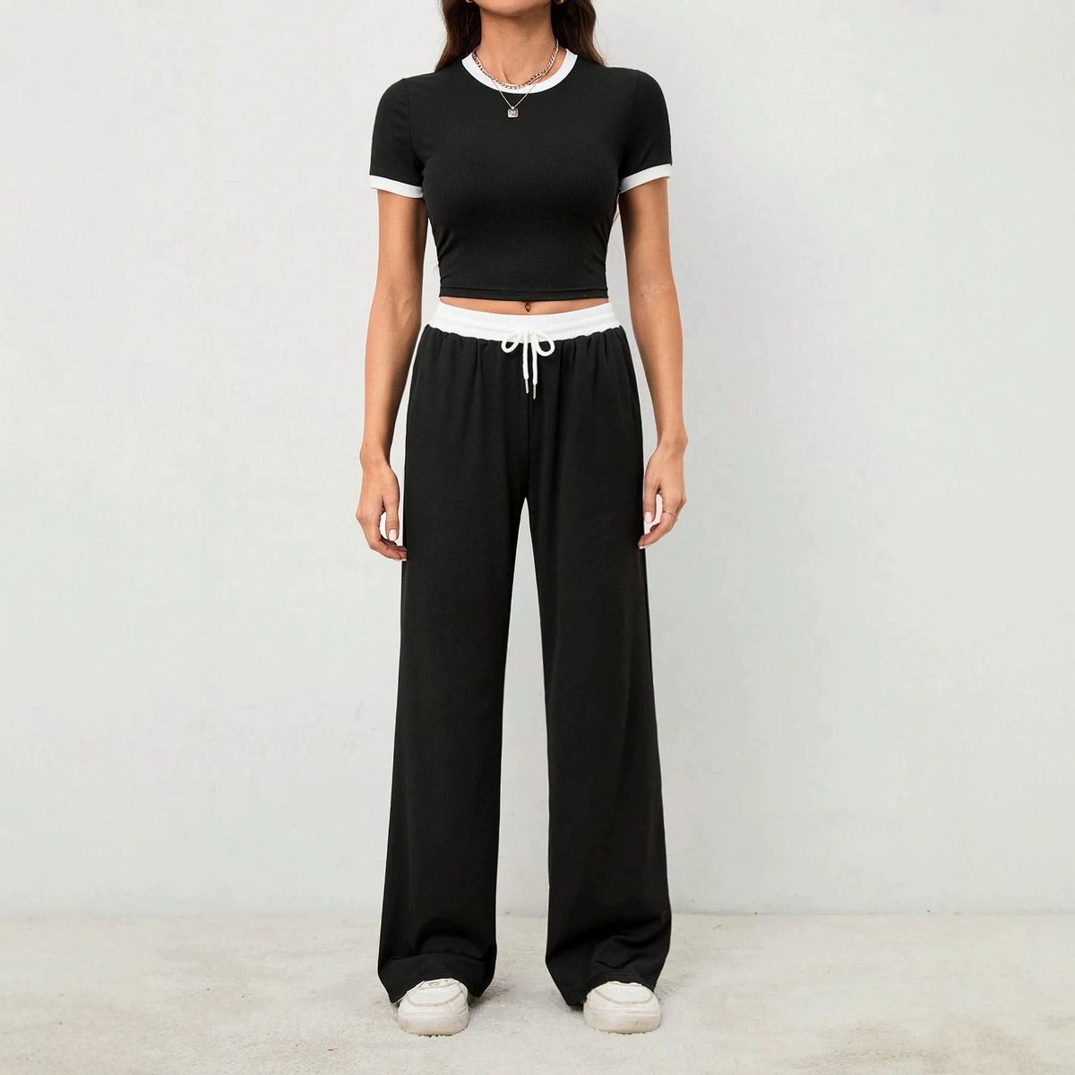 Women's Clothing Petite Two Piece Set Black White Color Block Casual Flattering Versatile For Commuting Home And Outings_ecoleips.com