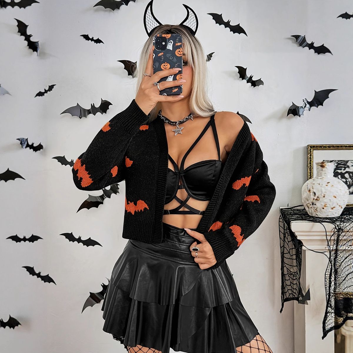 European And American Cross-border Women's Fashion Cardigan With Halloween Bat Pattern, Quirky Knitted Jacket_ecoleips.com