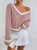 V-Neck Color Block Knit Sweater - Casual Oversized Pullover With Lantern Sleeves, Autumn Winter Fashion For Women_ecoleips.com