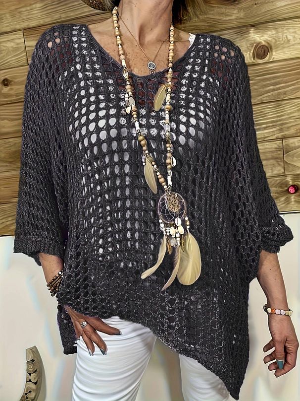 Plus Size Women's Summer Crochet Knit Cover Up Top, V-Neck 3/4 Sleeve Hollow Out Casual Loose Elegant Beach Tunic Blouse_ecoleips.com