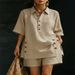 Summer 2027 Fashion European-USA Style Women Lapel Short Sleeve Shirts + Shorts Pure Color Two-Piece Casual Suits S-5XL_ecoleips.com