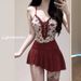 Women's Floral Print Swimsuit Two Piece Set With One Piece Straps Slimming And Flattering Design For Hot Springs_ecoleips.com