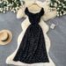 Women's Sweetheart Square Neck Polka Dot Midi Dress High Waist Puff Sleeves Charming Casual Vintage Dress_ecoleips.com