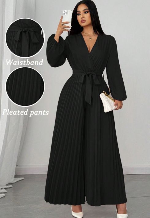 Curvy Women Elegant Surplice Neck Jumpsuit, Pleated Fabric Long Sleeve Self Tie Belt Bow Casual Fashion Romper_ecoleips.com