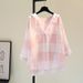 Women's Pink Plaid Cotton Linen Hooded Shirt Spring Korean Style Loose Casual Sun Protection Cardigan_ecoleips.com