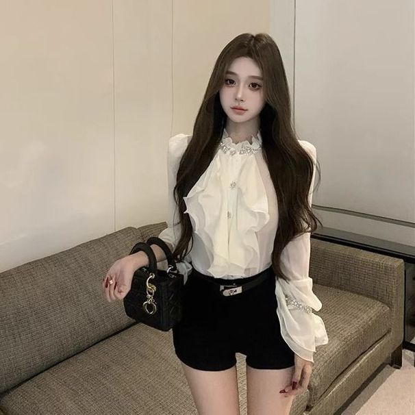Elegant Women's Outfit: Diamond-Embellished Ruffle Collar Long-Sleeve Shirt, Autumn Waist-Cinching Chiffon Blouse, Black_ecoleips.com