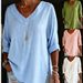 Women's Street Fashion V Neck Long Sleeve Cotton Linen Shirt Solid Color Loose Top European American_ecoleips.com
