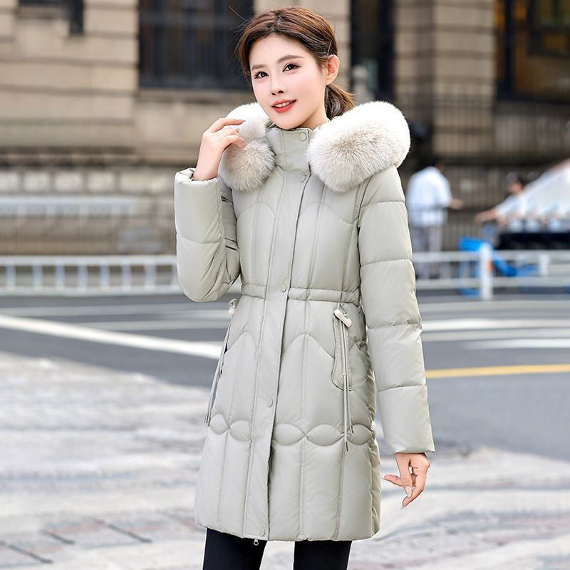 Women's Longline Hooded Puffer Coat - Winter Warm Thickened Polyester Filled Jacket With Detachable Faux Fur Trim, Slim Fit Zip-Up Outerwear_ecoleips.com