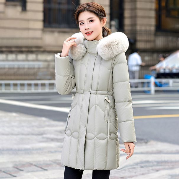 Women's Longline Hooded Puffer Coat - Winter Warm Thickened Polyester Filled Jacket With Detachable Faux Fur Trim, Slim Fit Zip-Up Outerwear_ecoleips.com