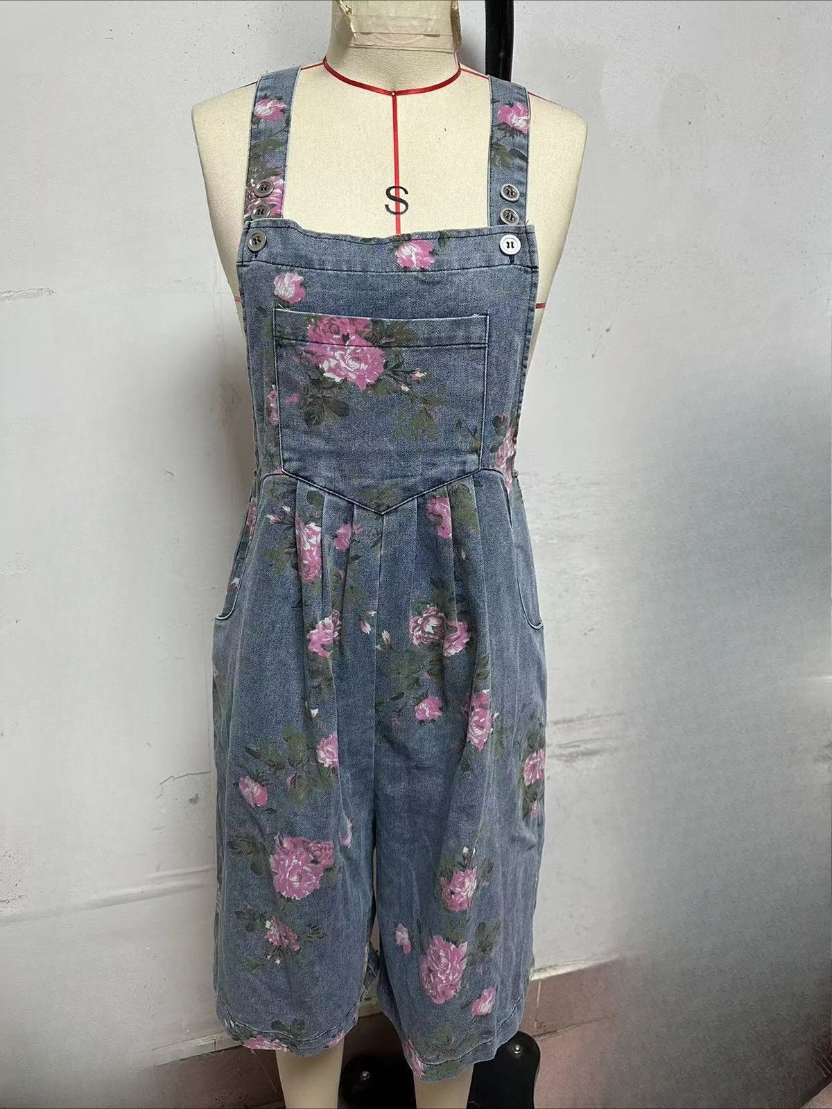 K New Retro Personalized Printed Jumpsuit, Fashionable Floral Denim Shorts_ecoleips.com