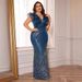 Fat Woman Deep V Neck Sequined Evening Dress European American Style Slim Fit Long Party Dress for Banquet Temperament_ecoleips.com