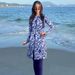 Women's Clothing Women's Blue White Porcelain Print Swimsuit Slimming Split Design Belly-Covering Long-Sleeved Long-Pants Sun-Proof Bikini Set_ecoleips.com