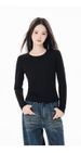 French Crew Neck Front Shoulder Long Sleeve T-Shirt Women's Autumn New Elastane Yarn Slim And Skinny Bottom Girls Inner Top_ecoleips.com