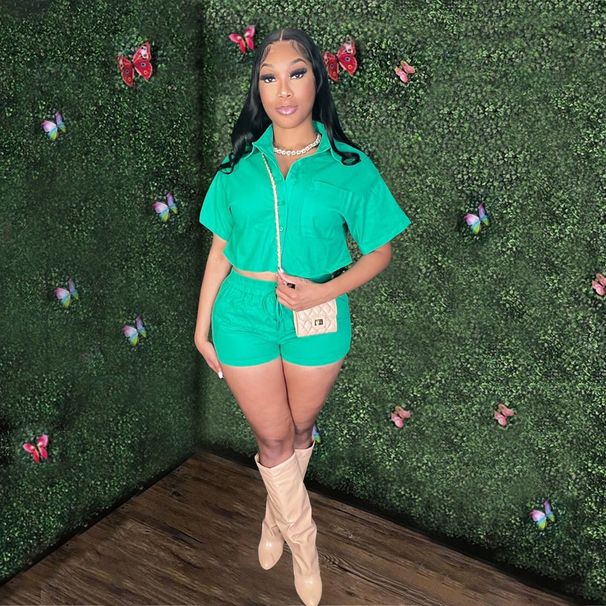Women's Summer Short Sleeve Shirt Set Elastic Pocket Shorts Two Piece Outfit_ecoleips.com