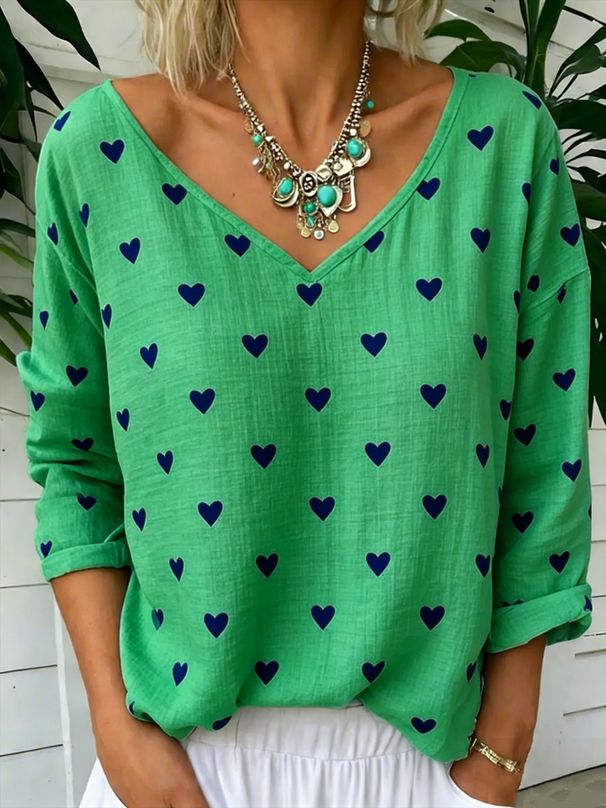 Women's Casual Loose Long Sleeve Top Heart Print V Neck Fashion Cotton Linen Blend For Spring Autumn_ecoleips.com