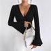 WG140 New Elegant Fashionable Women's Knitted Ribbed V-Neck Bell Sleeve T-Shirt With Unique Design For Cross-Border_ecoleips.com