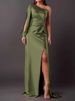 Women's Clothing Oblique Collar Raglan Sleeves Pleated Waist Slit Sexy Long Skirt_ecoleips.com