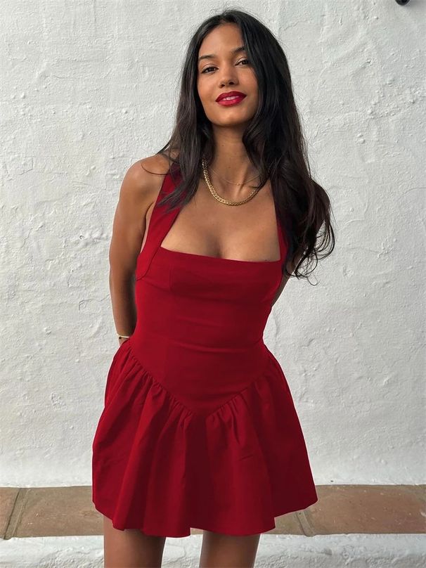 Women's Clothing Ruffled Mini Suspender Dress New Style Splicing Sexy Backless A Line Hem Lace High Waist_ecoleips.com
