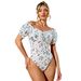 Voya Women's New One Shoulder Floral Bubble Sleeve Jumpsuit With Square Collar And Tie Up Slim Fit Top T-shirt_ecoleips.com