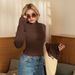 Voya Women's Clothing Hot New Sexy Slim Fit Small High Neck With Black Fungus Edge Long Sleeved Trumpet Sleeve Sexy Top_ecoleips.com