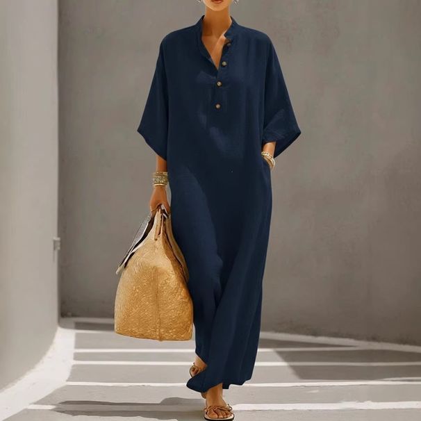 Women's Loose Fit Stand Collar Button Front 3/4 Sleeve Shirt Maxi Dress – Casual Resort Gown For Spring Summer 2026_ecoleips.com