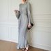 Women's Solid Color Round Neck Flared Long Sleeve Pleated Flowy Maxi Dress – Casual Spring Fall Gown 2026_ecoleips.com