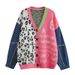 Women's Clothing Fashion Leopard Print Knit Cardigan – Denim Trim Cropped V-Neck Sweater Coat | One Size | 4 Colors | Thick Acrylic-Polyester Blend_ecoleips.com