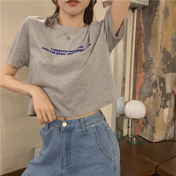 Summer Loose Ort Sve T-irt Women's Korean Sle Printed Letter Top Casual Commute Sle Round Ne Ort Length_ecoleips.com