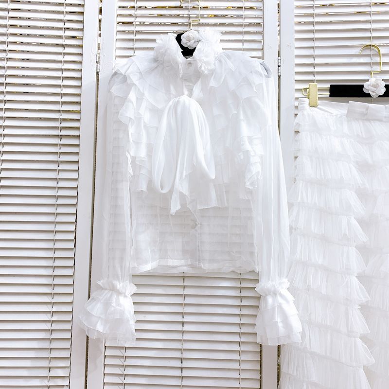 Women's Clothing Ruffled Chiffon Shirt Spring New Design Shirt Mesh Layered Overlapping Cake Skirt_ecoleips.com
