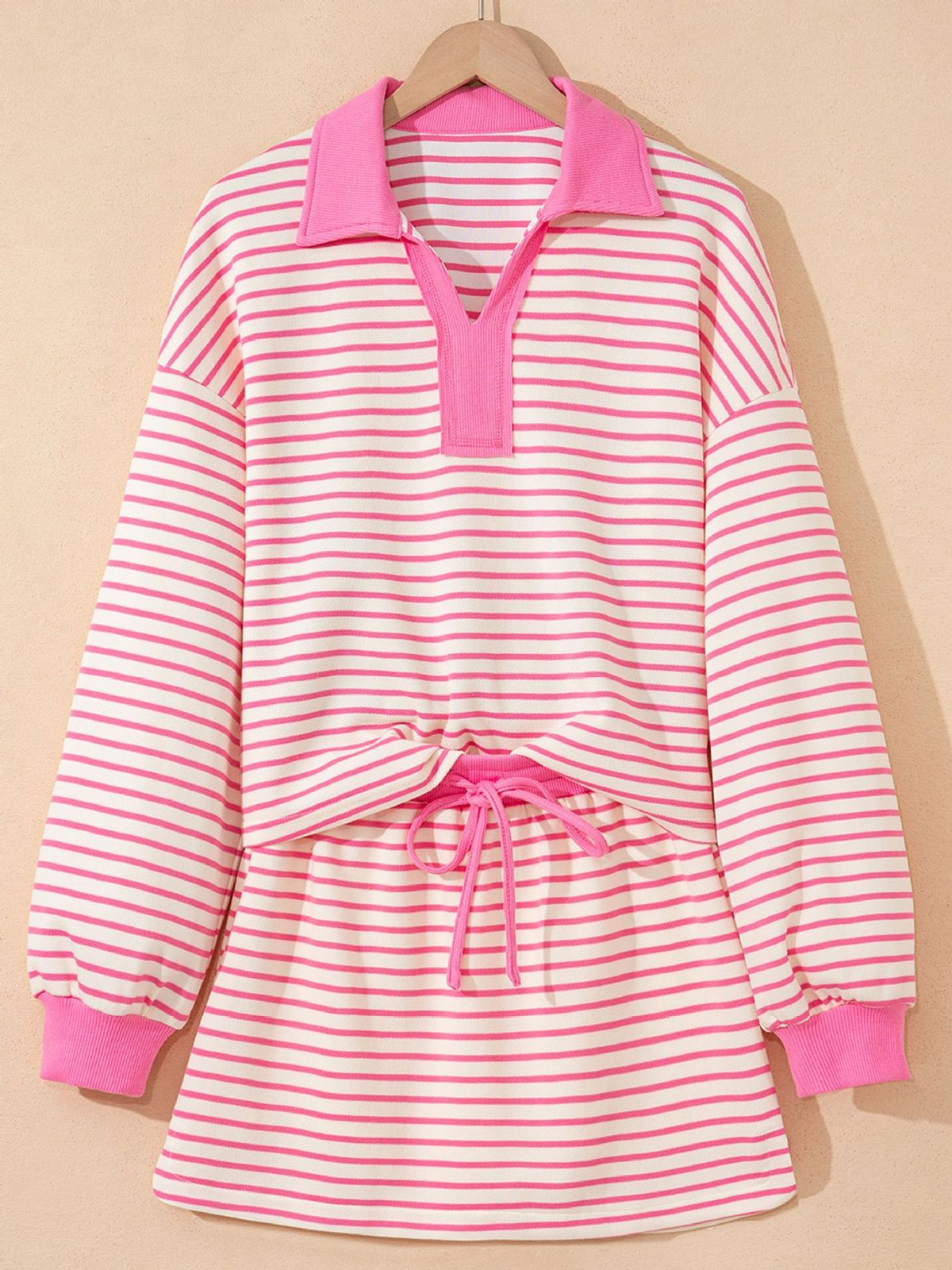Women's Clothing Casual Striped Color Block Set Long Sleeved Top Elastic Waist Skirt Safety Shorts American Style_ecoleips.com