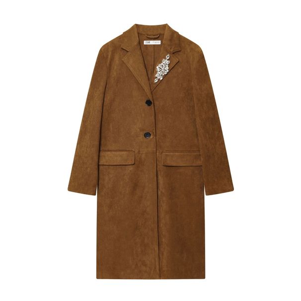 Suede-Effect Snap-Button Trench Coat – Women’s Longline Casual Outerwear (XS-L, Classic Brown)_ecoleips.com