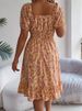 Spring Summer Square Collar Floral Mid-Length Dress Women's Casual Print A-Line Dress_ecoleips.com