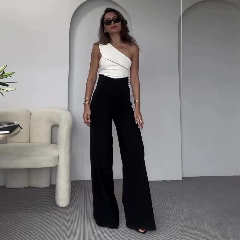 Women's Clothing fashion solid color oblique collar slim fit top high waist wide leg pants suit_ecoleips.com