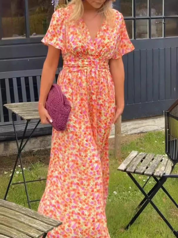 Women's Clothing Temperament Printed Waist V Neck Dress_ecoleips.com