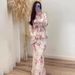 Vintage Floral Print Long Sleeve Maxi Dress Set - Soft Feminine Two-Piece Outfit With Lantern Sleeves & Tie Waist_ecoleips.com