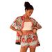 Women's Printed Short Sleeve Shirt And Shorts Set Breathable Polyester Loungewear Wrap Waist Flounce Hem Abstract Tie-Dye Floral S-3XL_ecoleips.com