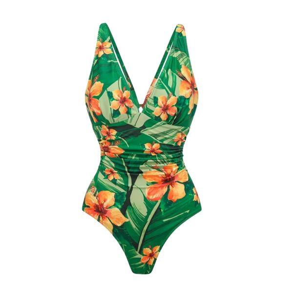 Women's Green Banana Floral Print One Piece Swimsuit Summer Sexy Vacation Suit_ecoleips.com