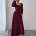 Spring Solid-Color Elegant Pleated Dress, French Square Neck Elegant Long Dress For Women's Wear_ecoleips.com