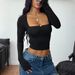 Square Neck Long Sleeve Bodycon Tee Y2K Streetwear Staple Stretchy Rayon Spandex Blend Trendy Cropped Fit Women's Top Black Pink White Khaki_ecoleips.com