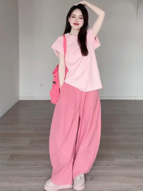 2026 New Summer Dopamine One-piece Shirt Wide-leg Pants Two-piece Set Lazy Style Fashion Casual Thin Suit Small Man_ecoleips.com