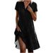 Women's Clothing Summer Long Skirt Casual Loose V Neck Short Sleeved Printed Polka Dot Shirt Dress For Women_ecoleips.com