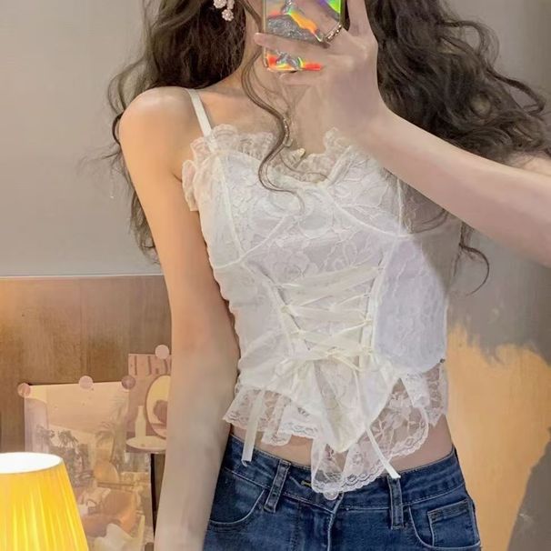French-Style Sexy Lace Strapless Tank Top With Padding, Fashionable Lace, Elastic Pleated Back, Sweet Lace Trim_ecoleips.com