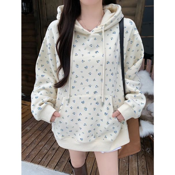 European American Style French Floral Print Hooded Thin Sweatshirt For Women, Autumn And Winter Wear,_ecoleips.com